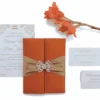 Orange Silk Wedding Invitation Folio with Crystal Crown Brooch (3)