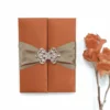 Orange Silk Wedding Invitation Folio with Crystal Crown Brooch (5)