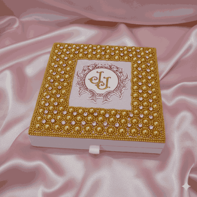 Handmade Wedding Invitation Box: Embroidered Pearls & Rhinestones