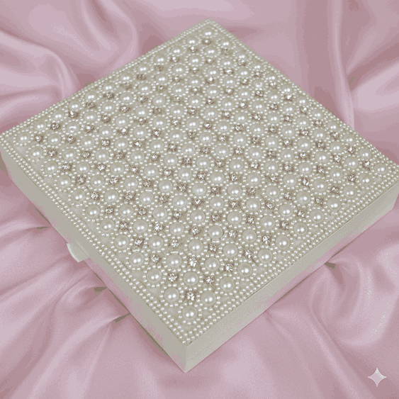 Hand Embroidered Silk Wedding Invitation Box with Glittery Pearls