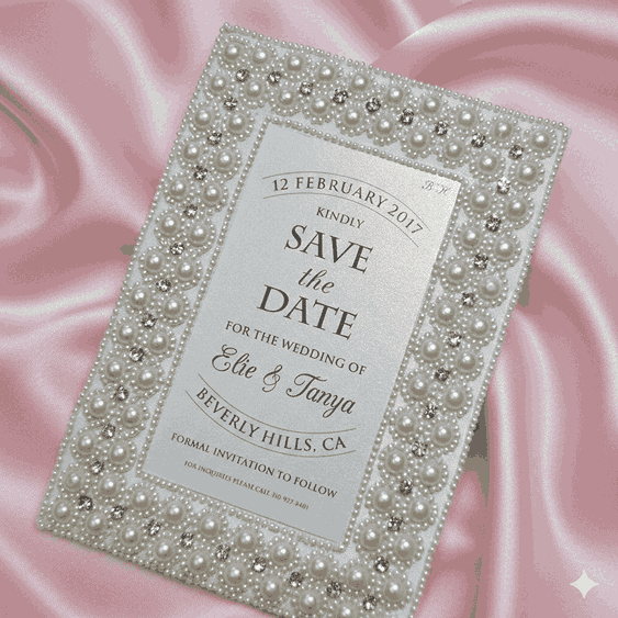 Silk Save the Date Card with Hand Embroidered Pearls & Rhinestones