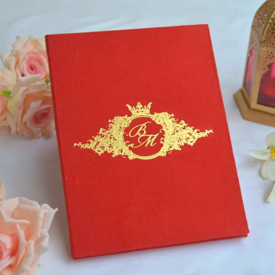 Red Velvet Wedding Invitation Folio with Custom Foil Monogram
