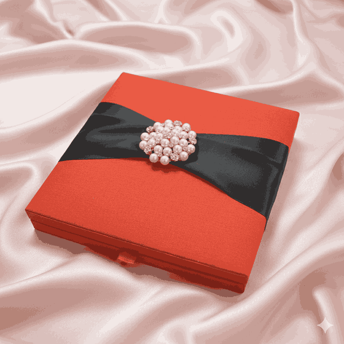 Embellished Red Silk Wedding Invitation Box with Pearl Brooch