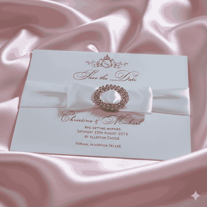 Ivory Silk Save the Date Card with Rhinestone Brooch