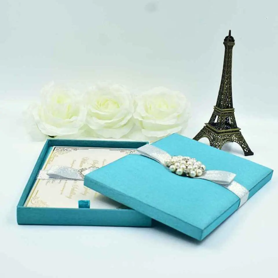 Sea Green Silk Wedding Invitation Box With Pearl Brooch