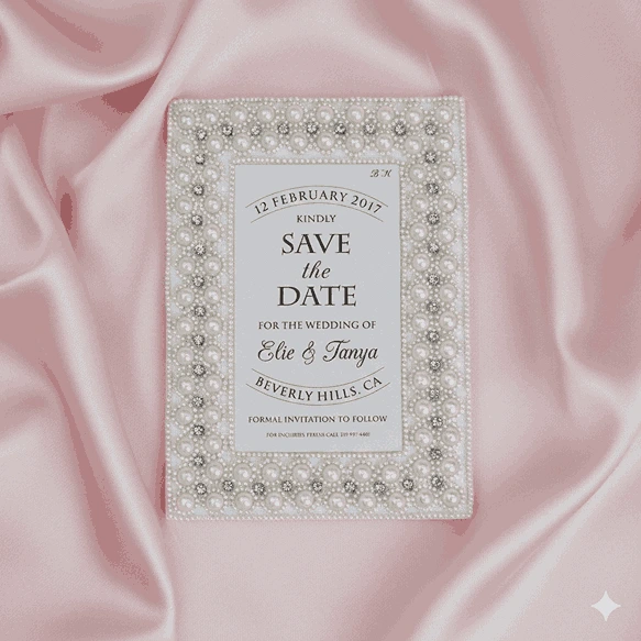 An ivory silk save the date card embroidered with faux pearls and rhinestones, with details printed with black foil on a pearl shimmery cardstock.