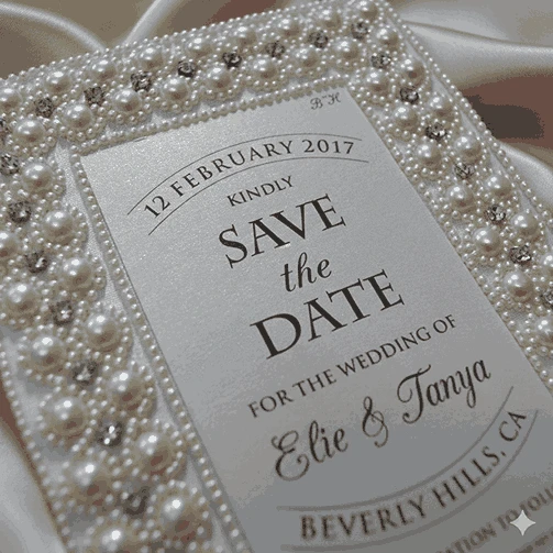 Silk Save the Date Card with Hand Embroidered Pearls & Rhinestones