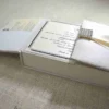 A top-down view of an open, champagne-colored silk invitation box. The interior lid features a matching horizontal silk pocket holding a white card printed with the name "Mathew and Michelle" in elegant gold script. The base of the box contains a formal wedding invitation card with gold-foil floral accents in the corners. A stem of vibrant pink gladiolus flowers lies to the right of the box on a textured white surface.