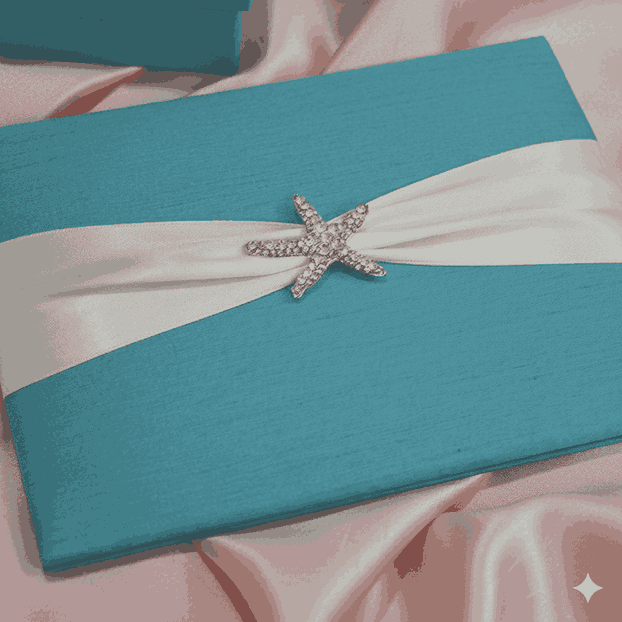 Embellished Green Silk Wedding Invitation Folio with Starfish Brooch