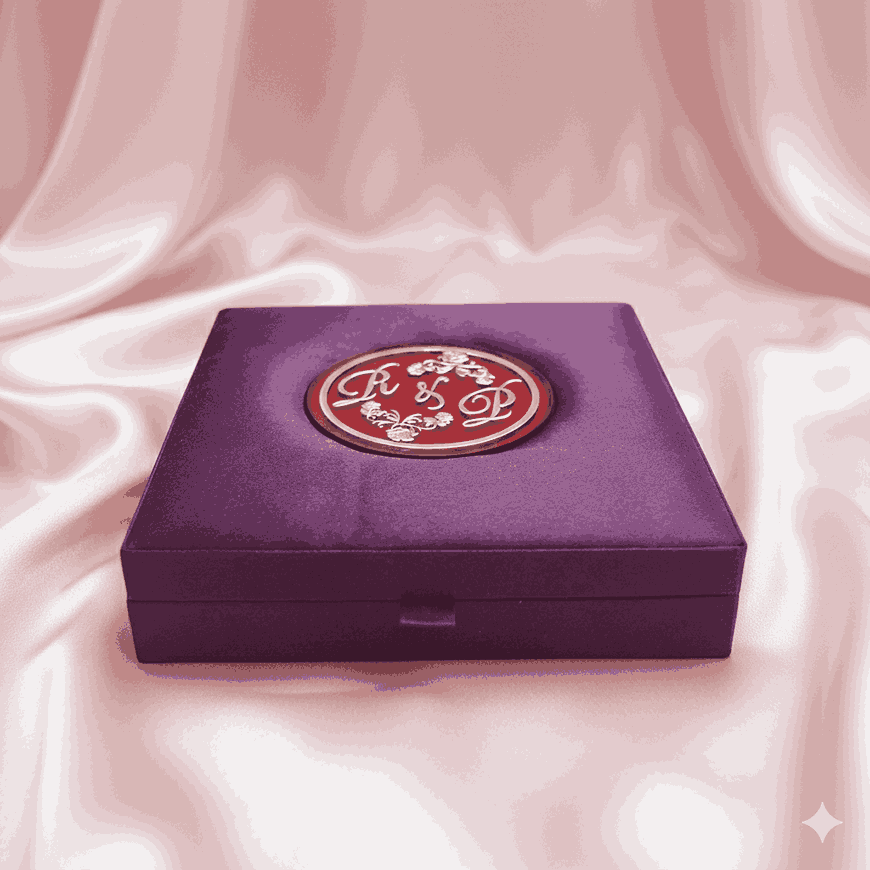Purple Satin Wedding Invitation Box with Custom Monogram