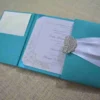Teal Green Silk Wedding Invitation Folio with Crystal Rhinestone Brooch (1)