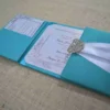 Teal Green Silk Wedding Invitation Folio with Crystal Rhinestone Brooch (4)