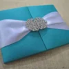 Teal Green Silk Wedding Invitation Folio with Crystal Rhinestone Brooch (6)