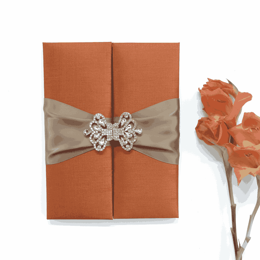 Orange Silk Wedding Invitation Folio with Crystal Crown Brooch