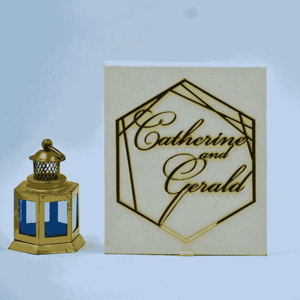 A sophisticated cream-colored velvet wedding invitation box shown against a clean white background. The front of the box is embellished with a striking 3D gold mirror acrylic hexagon.