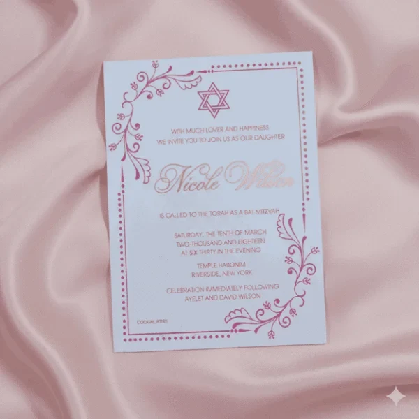White Acrylic Bat Mitzvah Invitation With Gold & Hot Pink Font