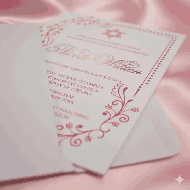 A high-angle shot of a refined Bat Mitzvah invitation for partially inserted into a matching white envelope. The invitation features a rose gold metallic font and a **Star of David** symbol, bordered by intricate floral swirls and a delicate dotted line. The set is displayed on a backdrop of luxuriously draped **blush pink satin** fabric, highlighting the card's elegant and feminine aesthetic.