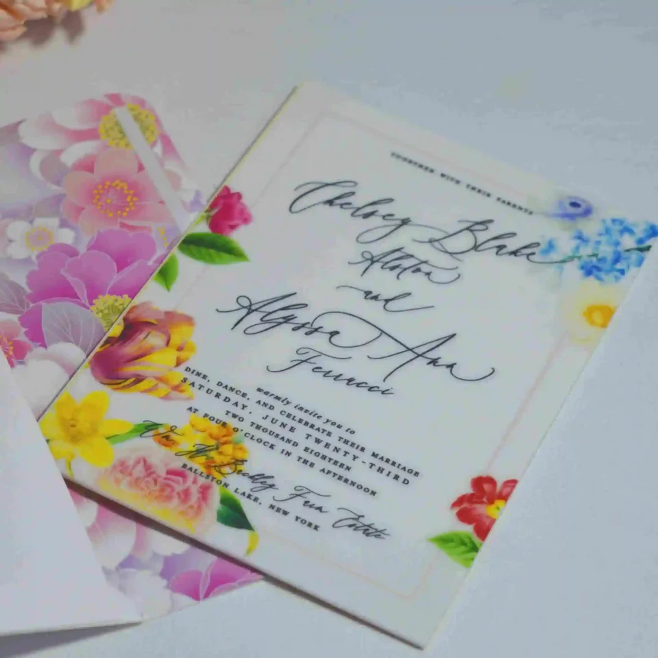 White Acrylic Wedding Invitations With Floral Artwork