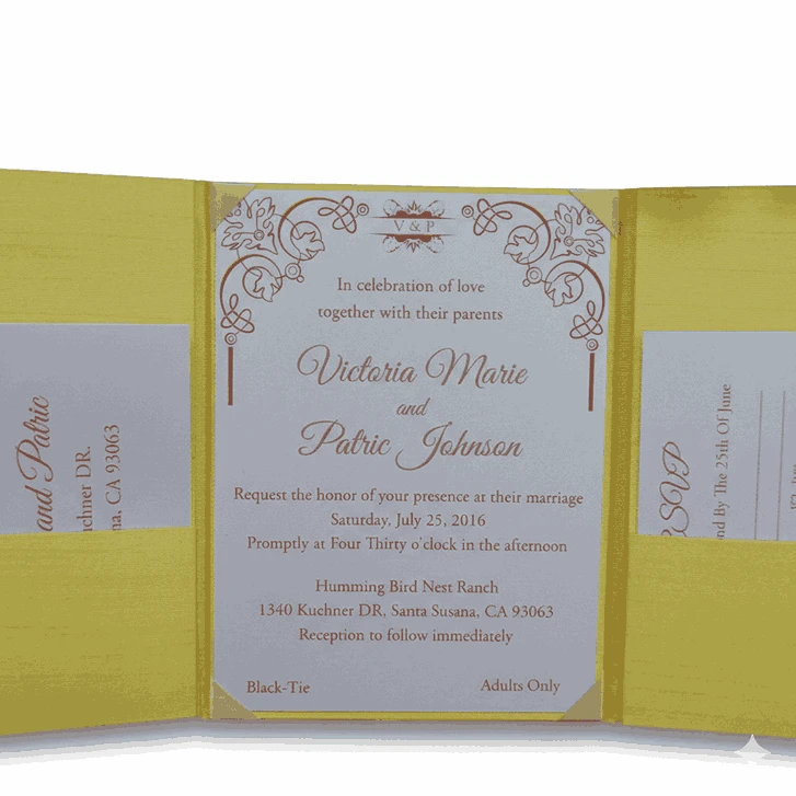 A rectangular, olive-green silk wedding invitation folio oriented vertically. The design features a gate-fold opening with two panels meeting in the center. A shimmering taupe or champagne-colored satin ribbon wraps horizontally around the folio, cinched at the middle by a large, sparkling silver rhinestone brooch with a geometric, butterfly-inspired silhouette. The folio is set against a plain white background, casting a soft shadow at the base.