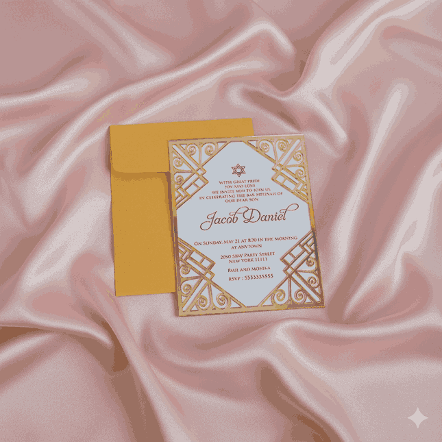 Gold Mirror Acrylic Bar Mitzvah Invitation: Art Deco Theme