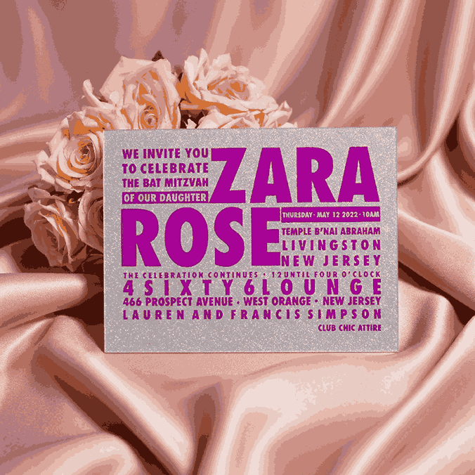 Silver Glitter Acrylic Bat Mitzvah Invitations with Hot Pink Font Printing