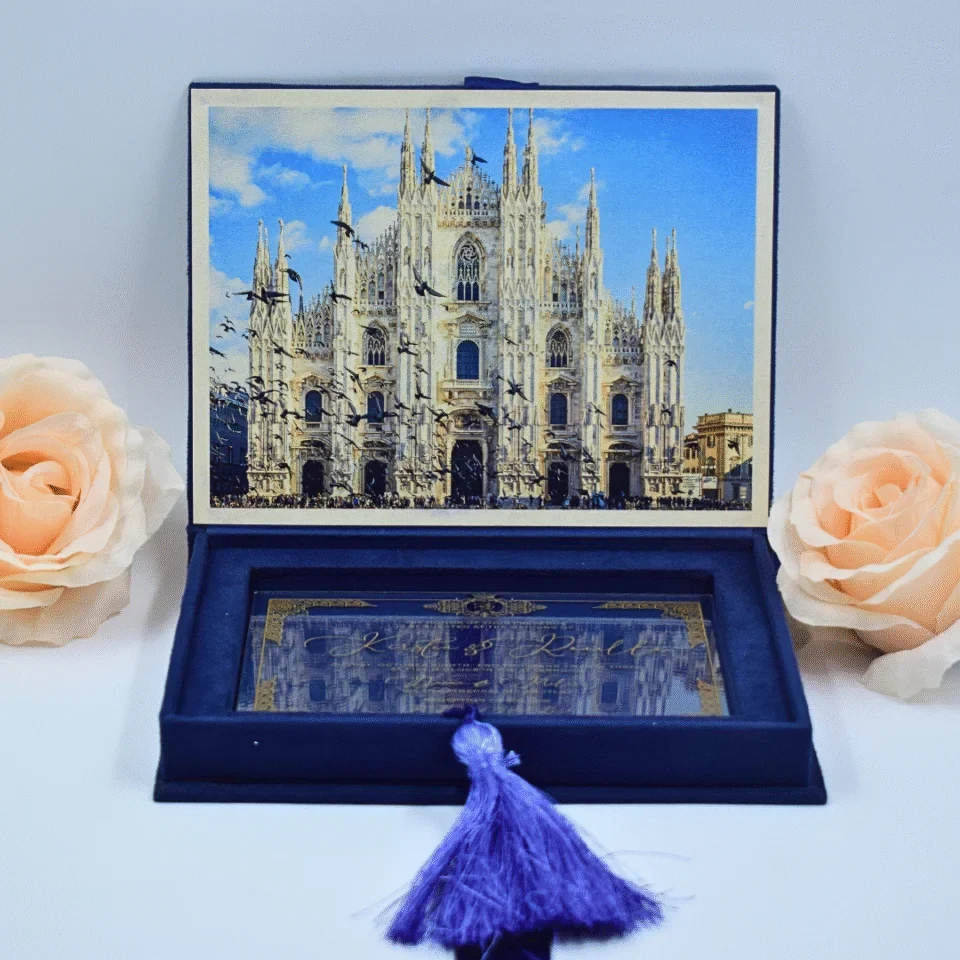 Blue Velvet Wedding Invitation Box: Clear Acrylic Invite