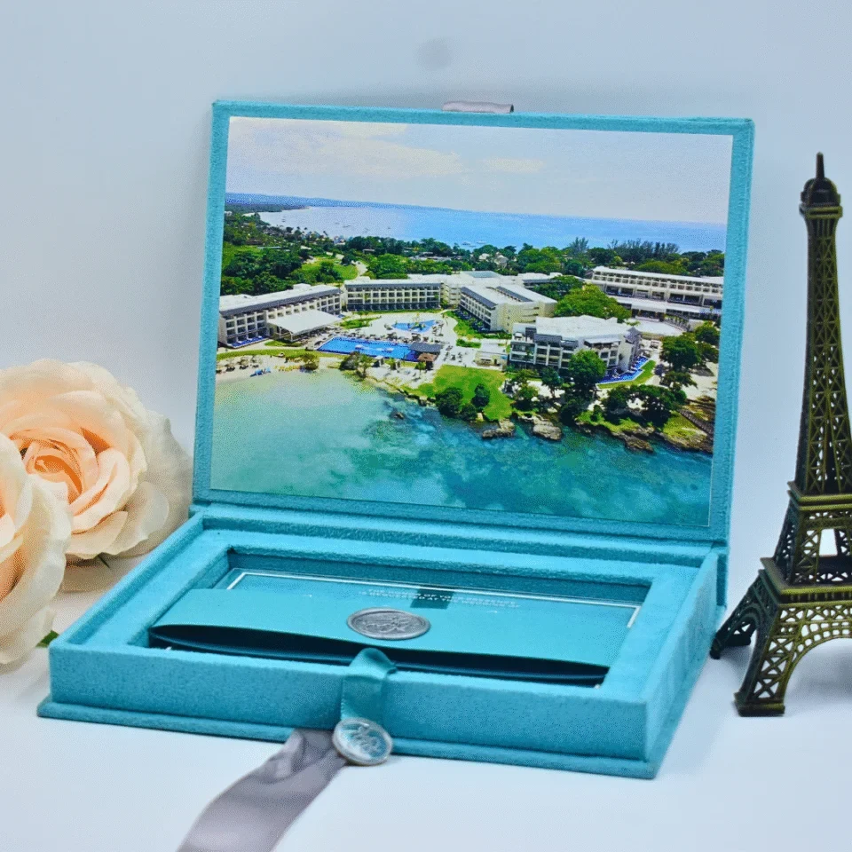Blue Velvet Wedding Invitation Box: Clear Acrylic Invite: Turquoise Invitation