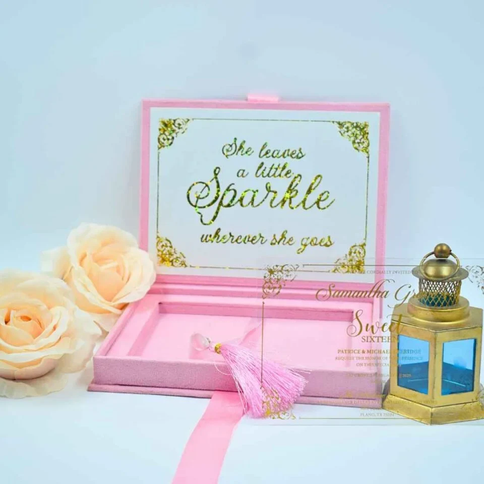 Blush Pink Velvet Wedding Invitation Box with Custom Gold Foil Monogram & Acrylic Invite