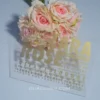 features a modern transparent acrylic Bat Mitzvah invitation leaning against a bouquet of soft pink and peach roses. The invitation uses a bold, contemporary design with gold foil text in various sizes. The layout include.
