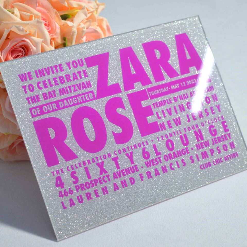 Silver Glitter Acrylic Bat Mitzvah Invitations with Hot Pink Font Printing