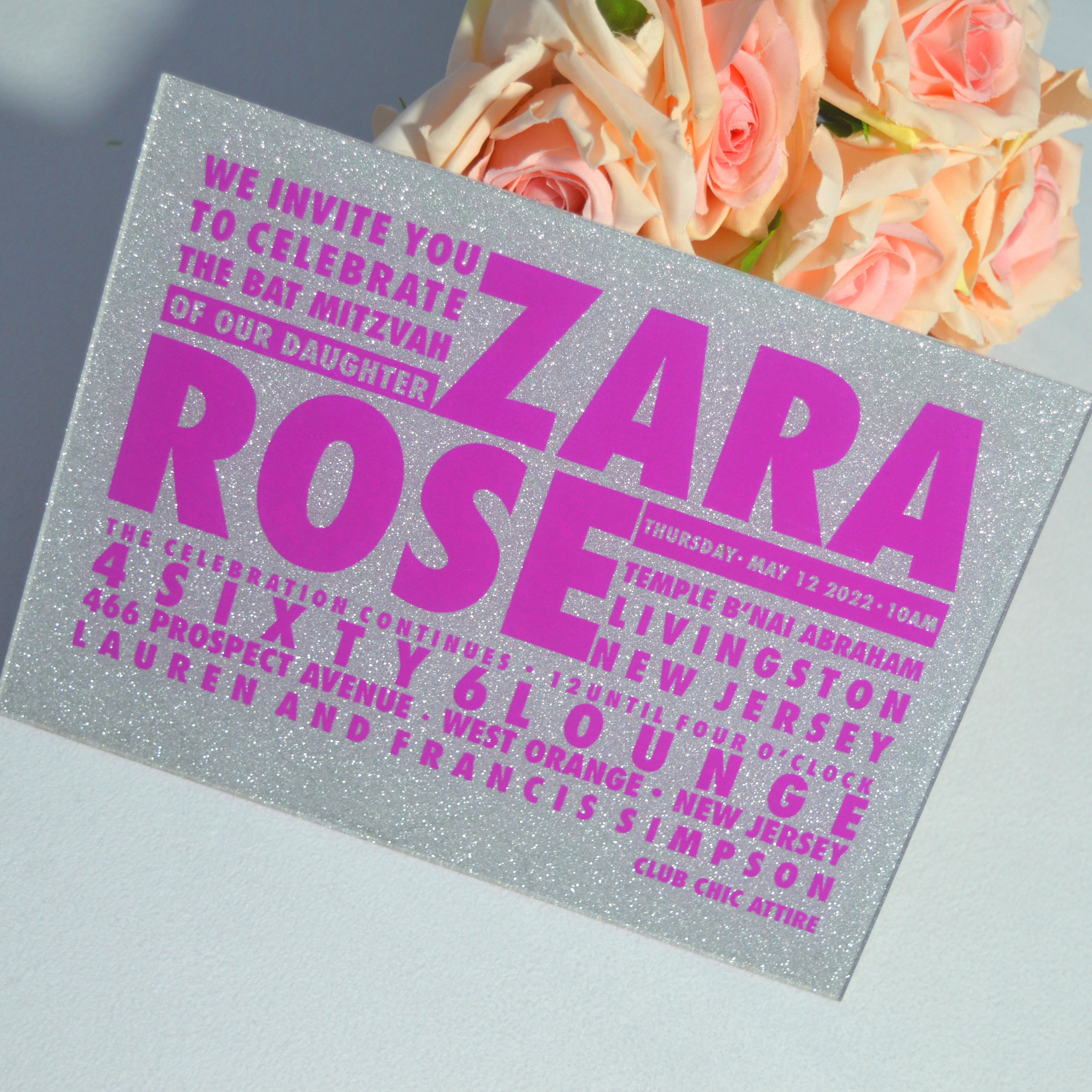 Silver Glitter Acrylic Bat Mitzvah Invitations with Hot Pink Font Printing