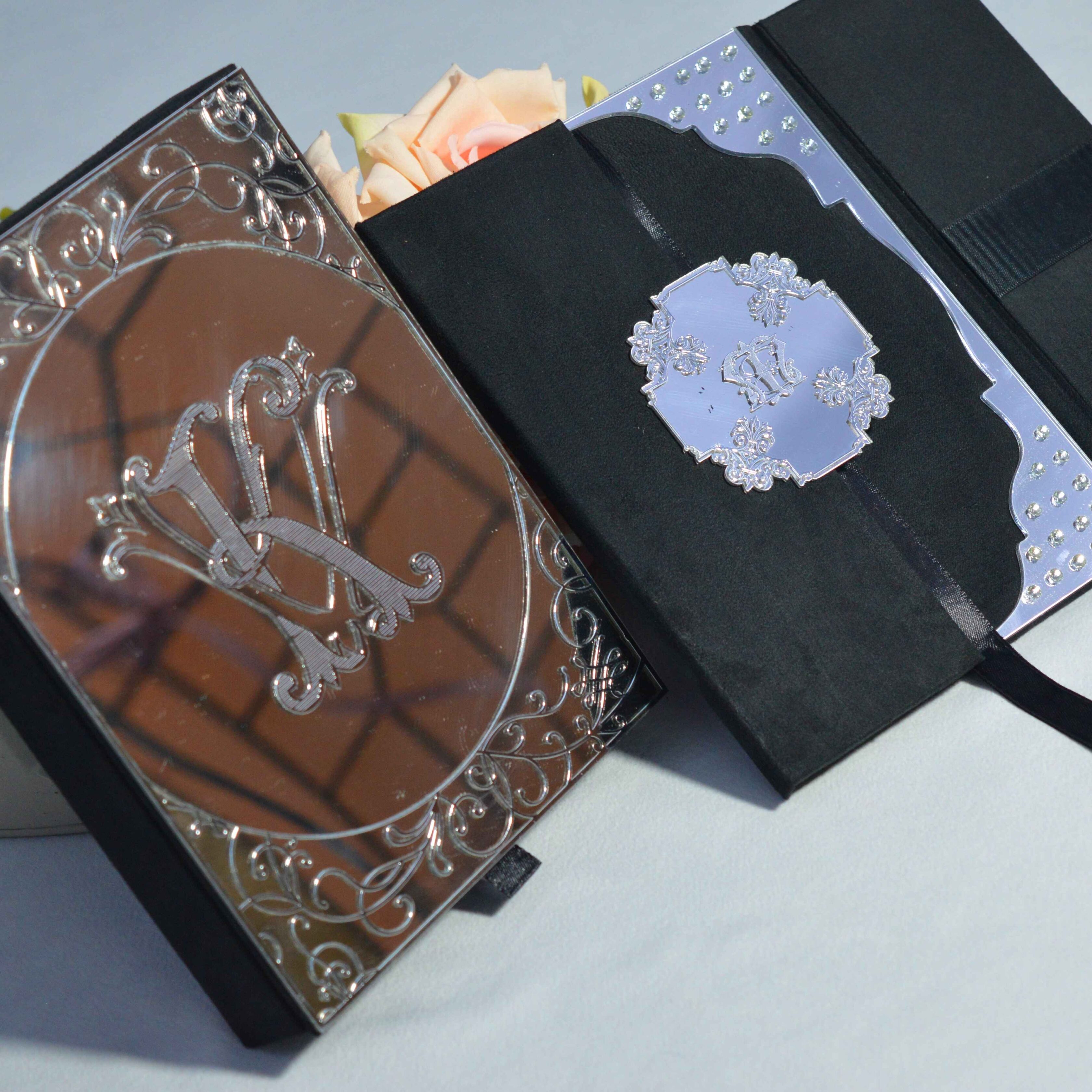 Black Velvet Wedding Invitation Box: Mirror Acrylic Invite