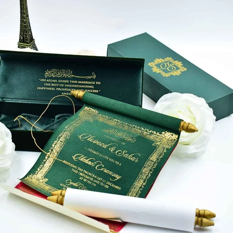 Emerald Green Velvet Wedding Invitation Box: Scroll Invitation