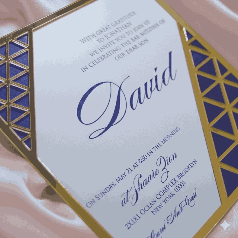 A white anAXd blue acrylic Bar Mitzvah invitation with an intricate gold laser-cut Art Deco border is displayed on a shimmering dusty rose silk fabric. A small mustard navy blue envelope sits behind it. The invitation features a Star of David at the top and the following details in blue script and serif fonts.