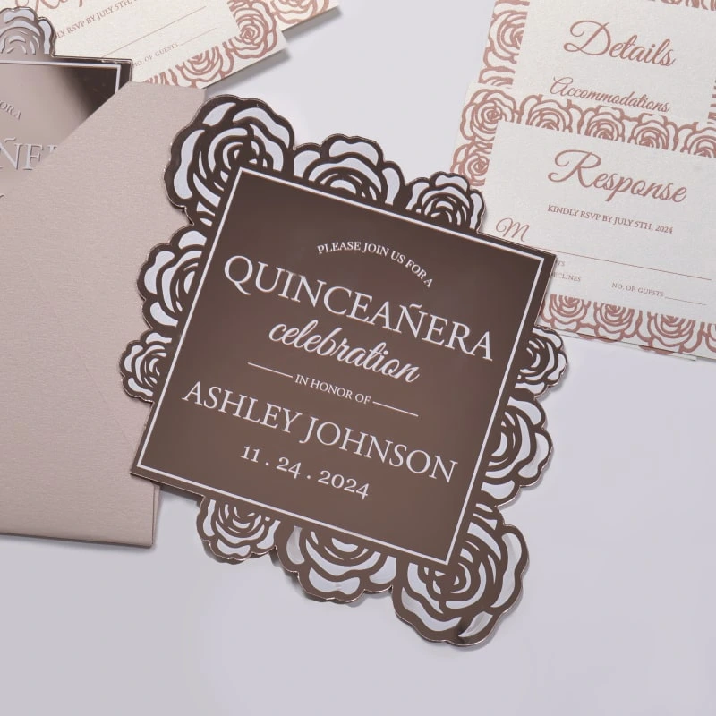 Rose Gold Mirror Acrylic Quinceanera Invitation