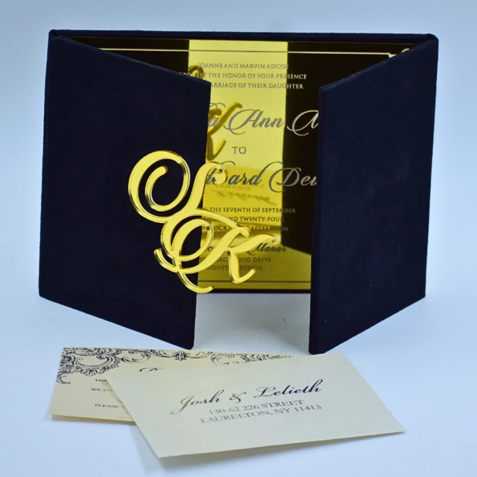 Black Velvet Wedding Invitation Folio: Trifold Jacket with Mirror Acrylic Invite