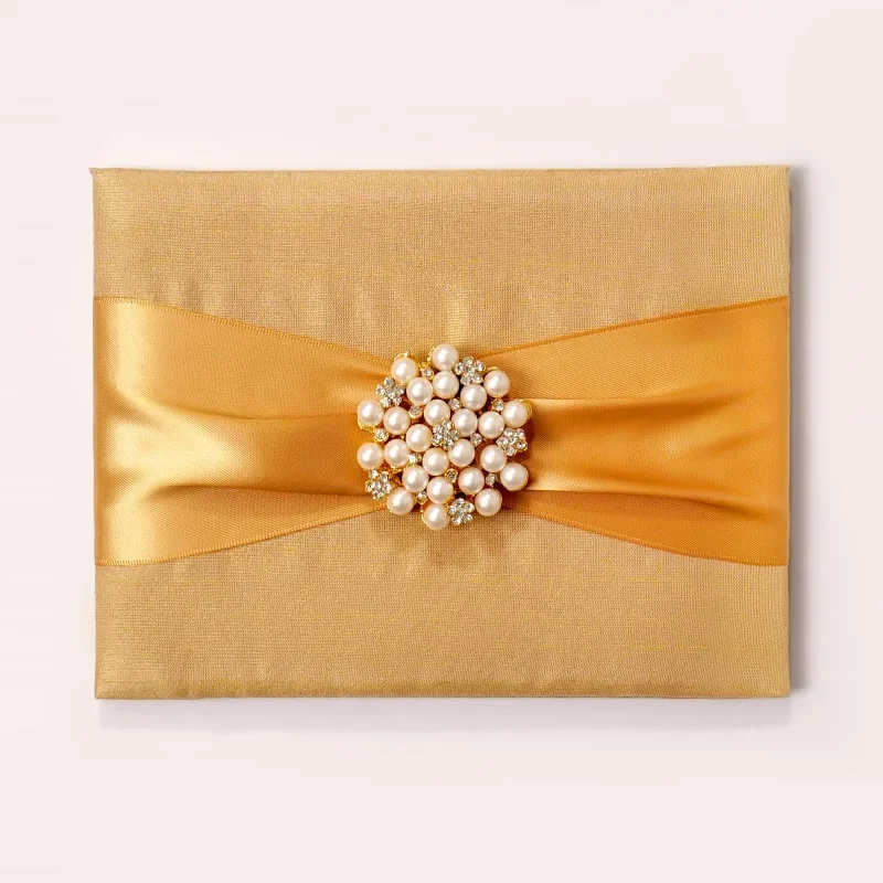 Embellished Gold Silk Wedding Invitation Folio with Pearl Brooch