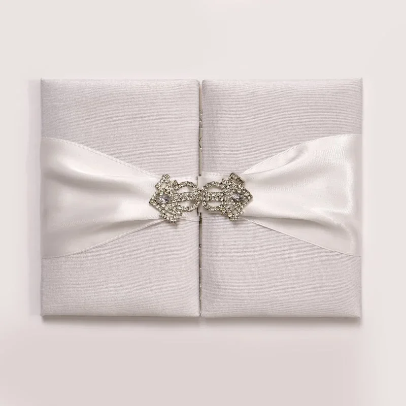 Embellished White Silk Wedding Invitation Folio With Crystal Rhinestone Brooch
