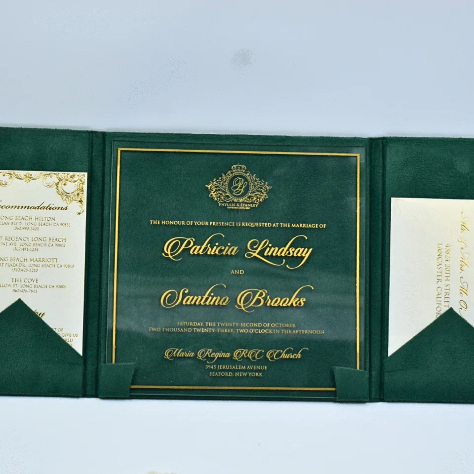 Emerald Green Velvet Wedding Invitation Folio with Custom Foil Monogram & Acrylic Invite (2)