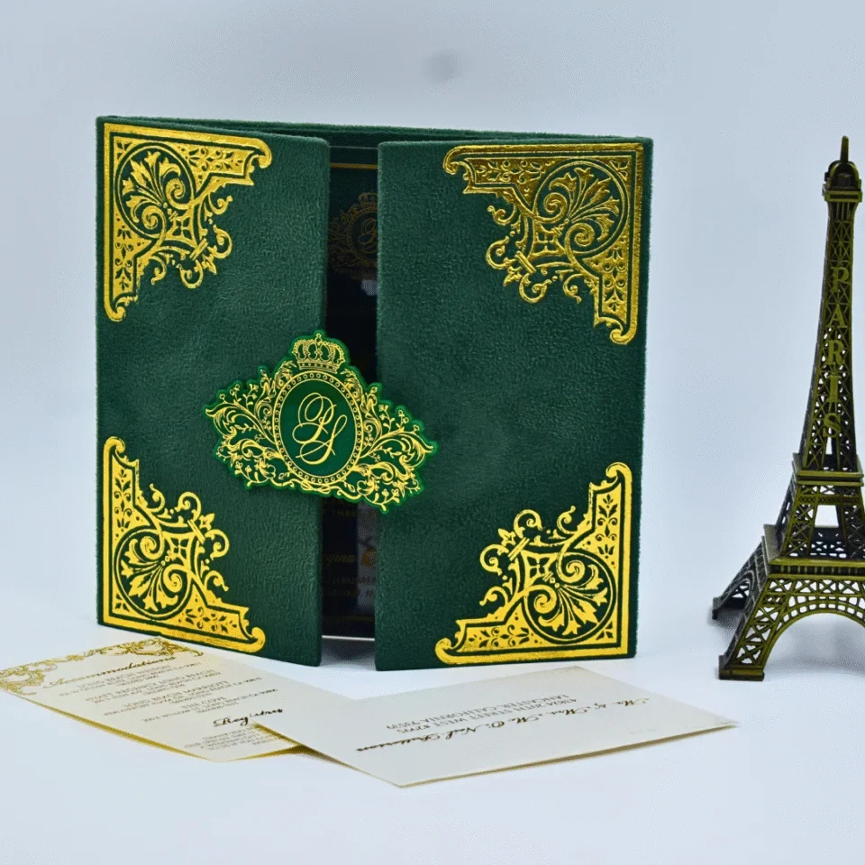 Emerald Green Velvet Wedding Invitation Folio with Custom Foil Monogram & Acrylic Invite