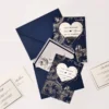 Navy Heart Shaped Silver Mirror Acrylic Save The Date Wedding invitation Card and Navy Blue Envelope With Inserts.