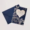 Navy Heart Shaped Silver Mirror Acrylic Save The Date Wedding invitation Card With Navy Blue Envelope.