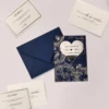 Navy Heart Shaped Silver Mirror Acrylic Save The Date Wedding invitation Card and Navy Blue Envelope With Inserts.