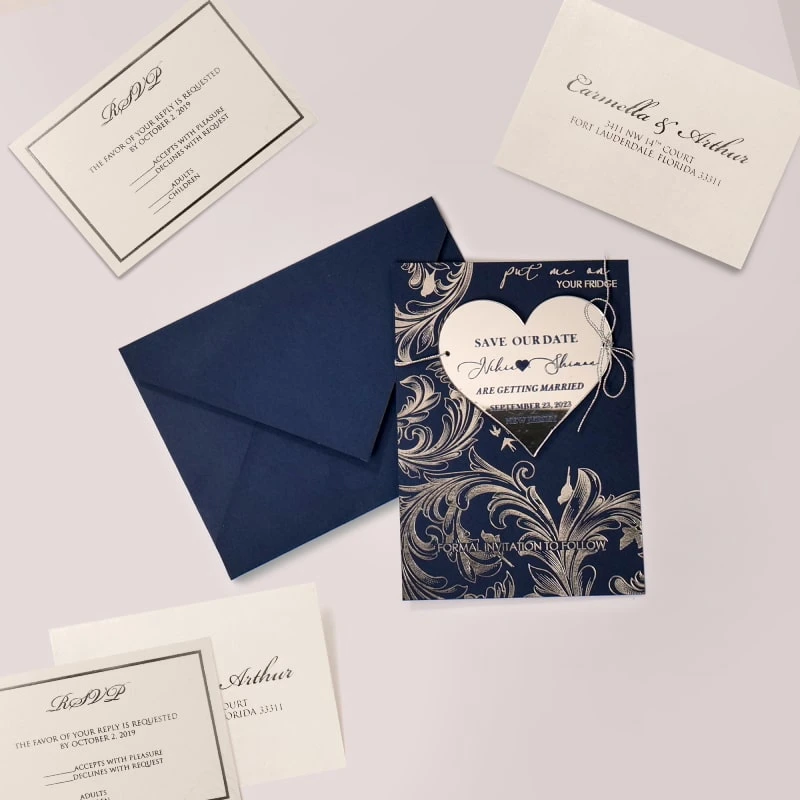 Navy Heart Shaped Silver Mirror Acrylic Save The Date Wedding invitation Card and Navy Blue Envelope With Inserts.