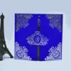 An open royal blue velvet tri-fold wedding invitation shown from a slightly elevated angle. The central panel holds a clear acrylic invitation card with crisp white text, featuring the names in an elegant script.