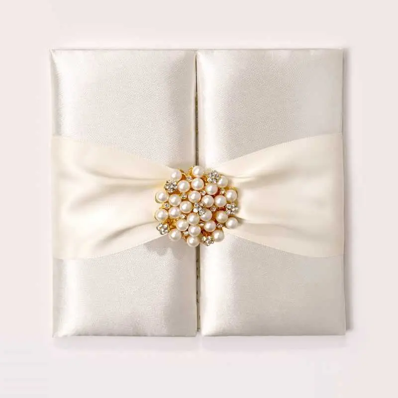 White Satin Wedding Invitation Folio With Pearl Embelishment Brooch