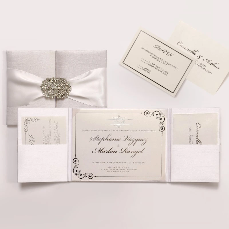 White Silk Wedding Invitation Pocket Folio With Crystal Brooch Embellishment
