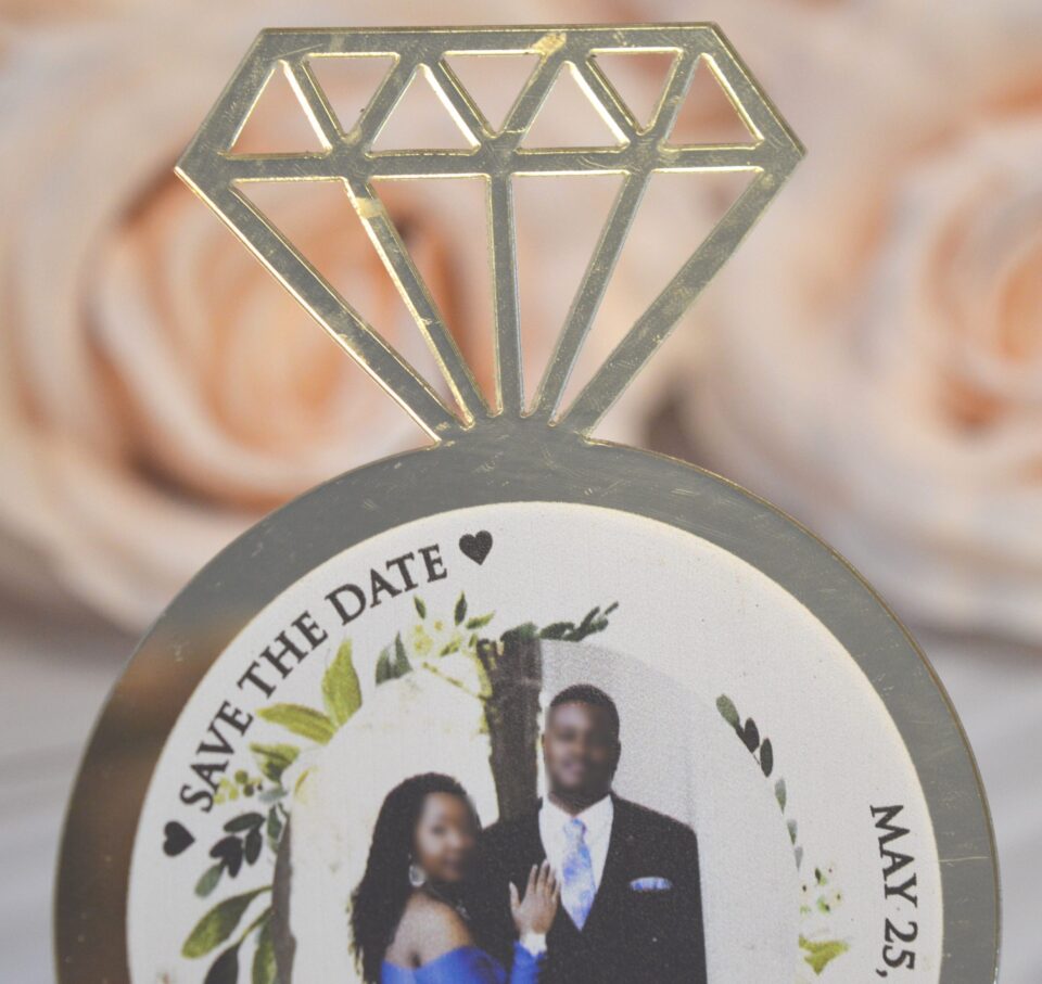 Gold mirror acrylic ring Save the date