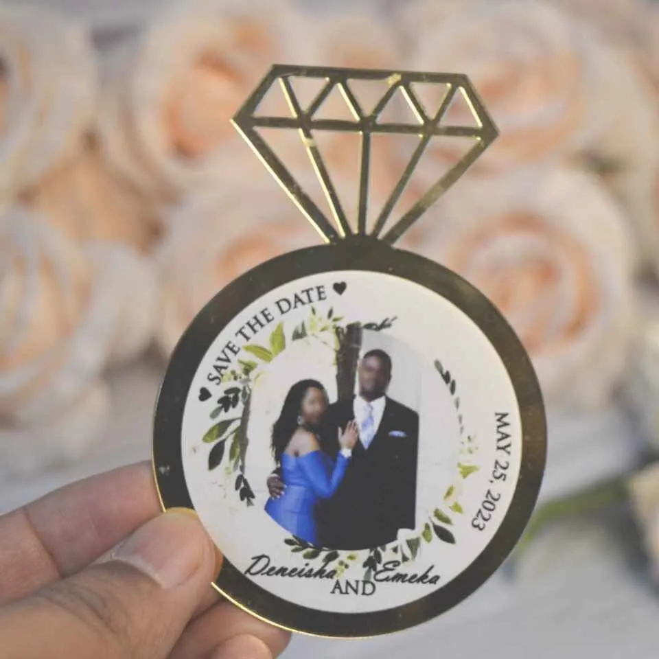 Gold Mirror Acrylic Save the Date Card with Diamond Ring Design.