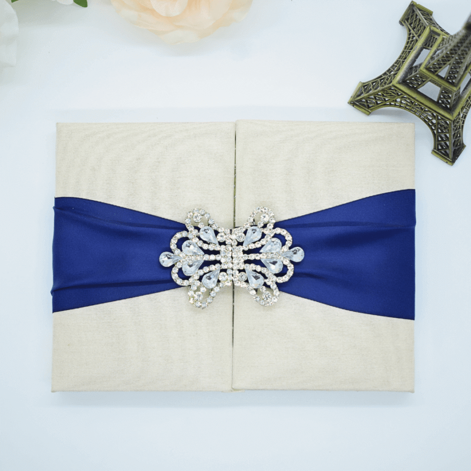 Blue Brocade Silk Trifold Folio Wedding Invitation